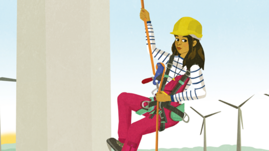 Titelbild der Homepage mit einer Frau in Arbeitsmontur an einem Windrad kletternd