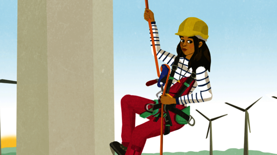 Titelbild der Homepage mit einer Frau in Arbeitsmontur an einem Windrad kletternd