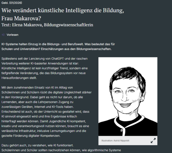 Screenshot der Webseite, mit einem Auszug des Textes und Elena Makarova als gezeichnetes Bild