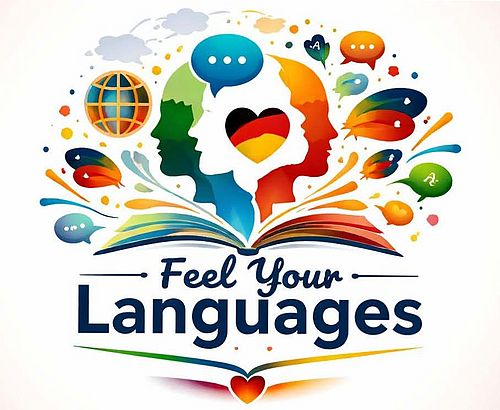 Buch mit ganz vielen Sprechblasen und Gesichern in Nationalfarben verschiedener Länder