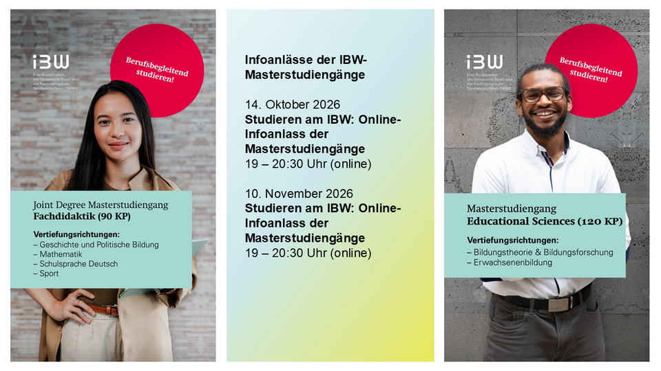 Bild mit den Terminen zu den Infoanlässen sowie zwei Personen mit jeweils Infos zu den Masterstudiengängen Fachdidaktik und Educational Sciences