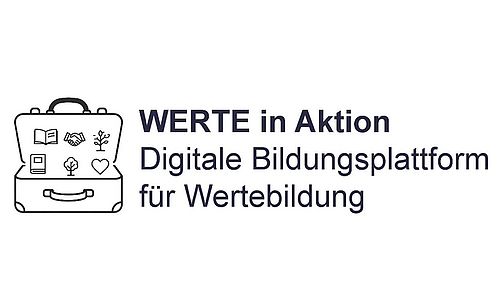 Koffer im Cartoonstyle gezeichnet mit Schriftzug Werte in Aktion Digitale Bildungsplattform für Wertebildung