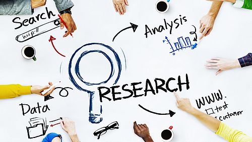 Poster mit forschungsbezogenen Wörtern wie Research, Data etc. mit Händen, die darauf zeigen