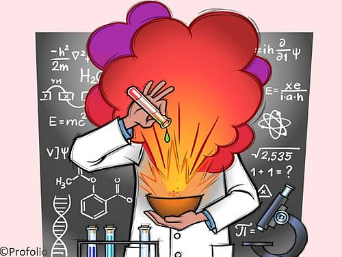Mensch im Labor, der ein Experiment macht und eine bunte Wolke vorm Gesicht hat