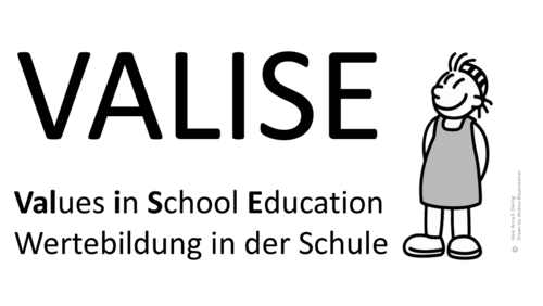 Cartoonfigur die zum Schriftzug Valise Values in School Education Wertebildung in der Schule schaut