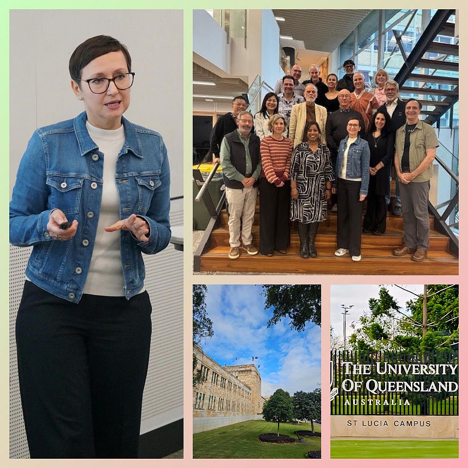 Collage aus Bildern von Elena Makarova, dem Unigebäude in Brisbane und der Gruppe der Fellows