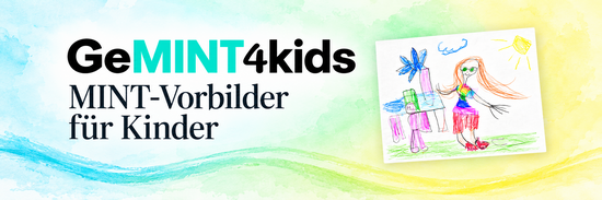 GeMINT4kids Logo mit gezeichnetem Bild eines Kindes mit einer Frau vor einem Tisch