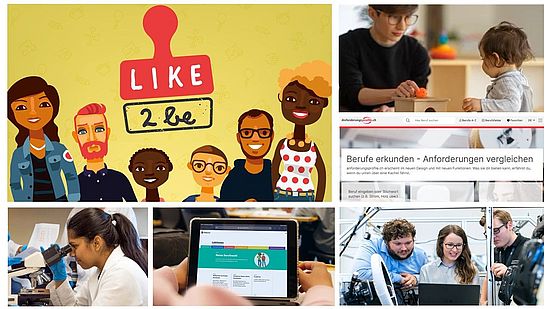 Collage von Berufsorientierungssituationen und Materialien in der Schule
