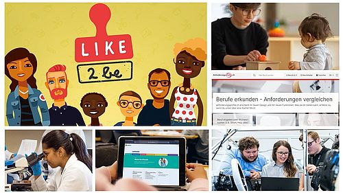 Collage von Berufsorientierungssituationen und Materialien in der Schule