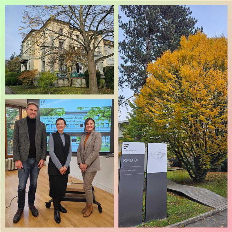 Collage des Besuchs mit Bild der drei Personen und Eindruck vom Campus