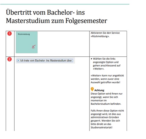 Bild der Rückmeldemaske beim Übertritt vom Bachelor in den Master